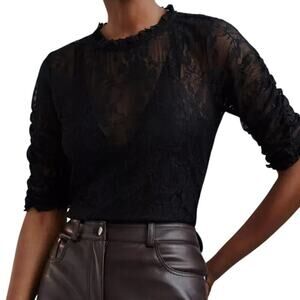 By Anthropologie Womens VNeck Lace Ruched Sleeve Blouse Size Extra Small